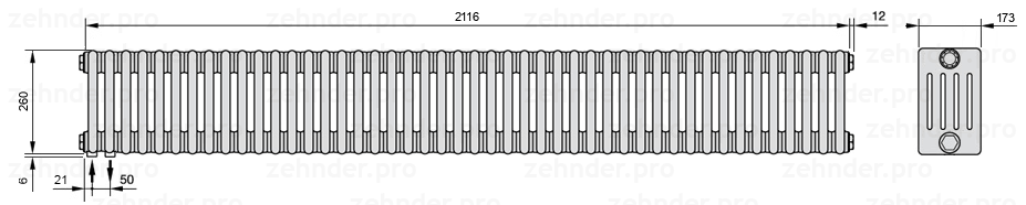 Схема (чертеж) Радиатор Zehnder Charleston 5026/46 №3370 Белый глянцевый RAL 9016